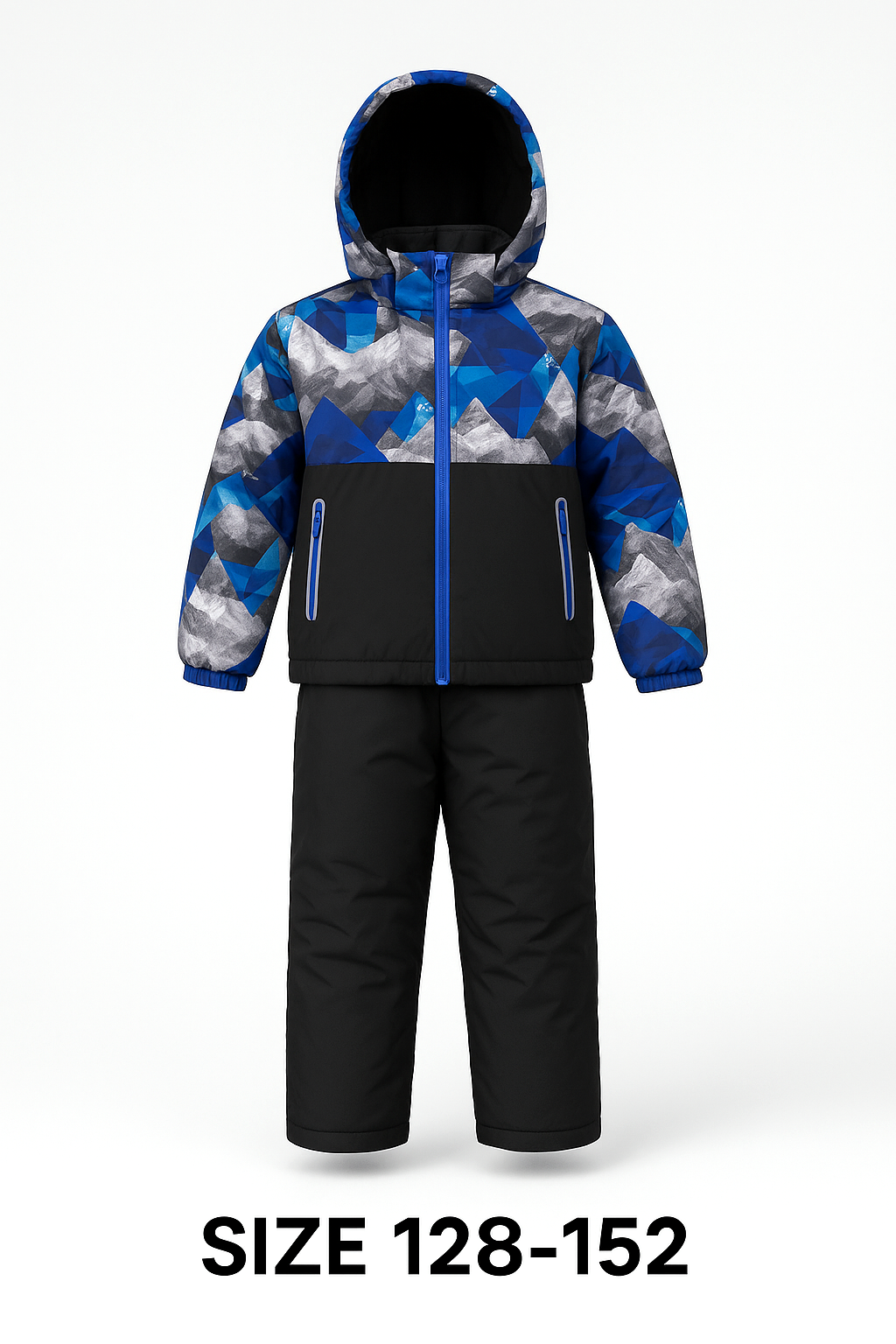 Moderner Kinder Schneeanzug als Winter Skianzug Set, zweiteilig mit Skijacke und Skihose, blaues Camouflage, gefüttert, schneedicht, Gr. 128–152.