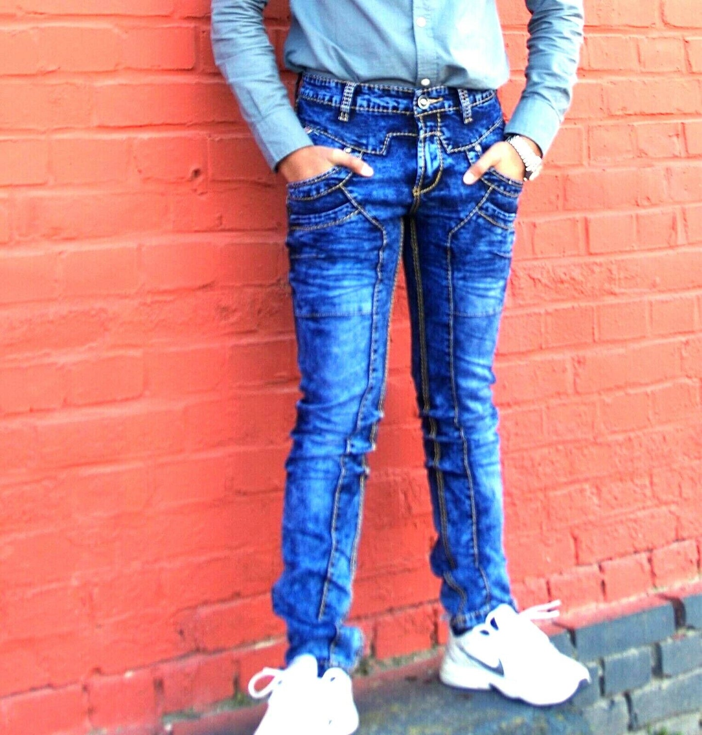 Herren Jeans Hose Comfort Fit Classic denim blau dicke Nähte Jeans Gr. 29-38