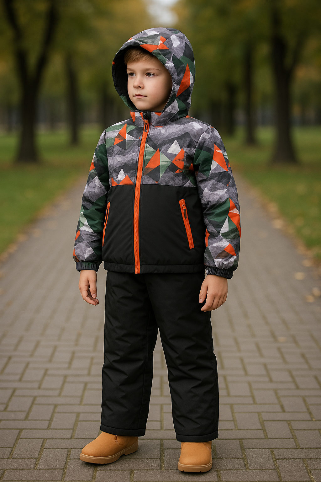 Moderner Kinder Schneeanzug als Winter Skianzug Set, zweiteilig mit Skijacke und Skihose, blaues Camouflage, gefüttert, schneedicht, Gr. 128–152.