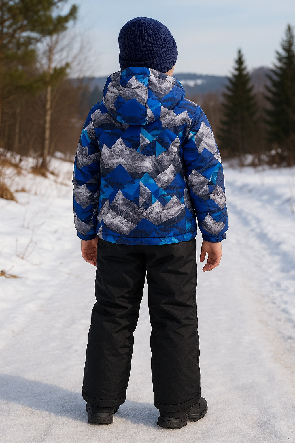 Moderner Kinder Schneeanzug als Winter Skianzug Set, zweiteilig mit Skijacke und Skihose, blaues Camouflage, gefüttert, schneedicht, Gr. 128–152.