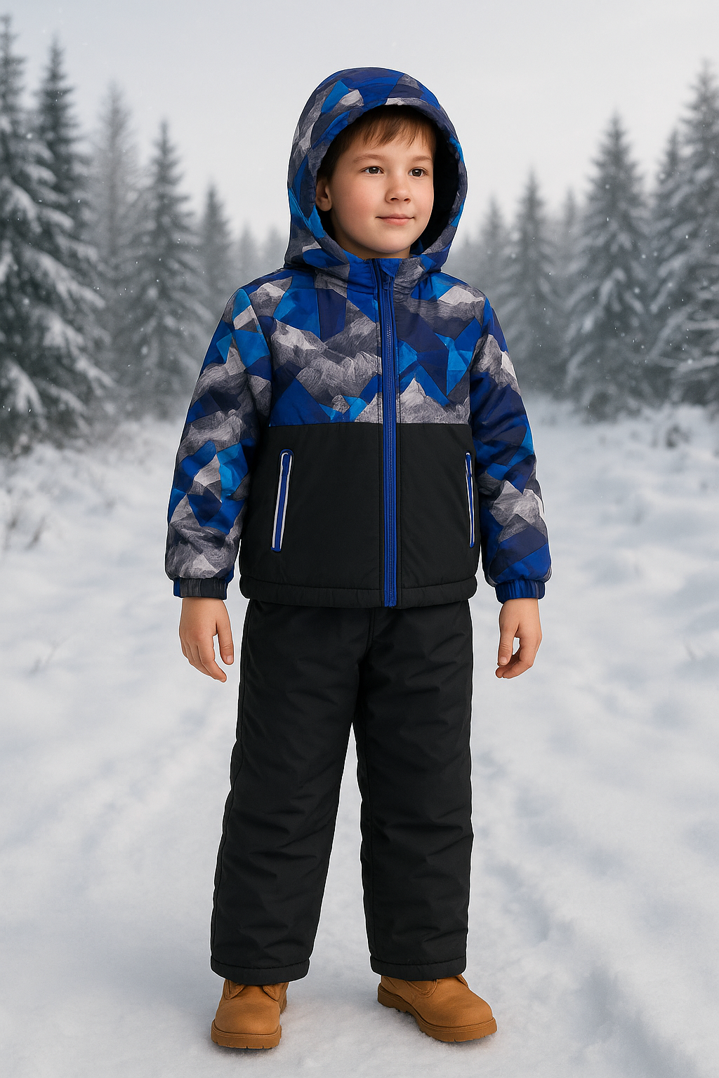 Moderner Kinder Schneeanzug als Winter Skianzug Set, zweiteilig mit Skijacke und Skihose, blaues Camouflage, gefüttert, schneedicht, Gr. 128–152.
