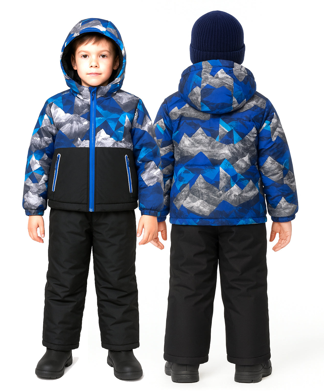 Moderner Kinder Schneeanzug als Winter Skianzug Set, zweiteilig mit Skijacke und Skihose, blaues Camouflage, gefüttert, schneedicht, Gr. 128–152.