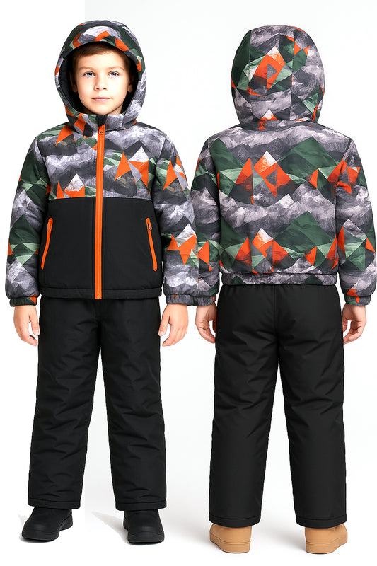 Moderner Kinder Schneeanzug als Winter Skianzug Set, zweiteilig mit Skijacke und Skihose, blaues Camouflage, gefüttert, schneedicht, Gr. 128–152.