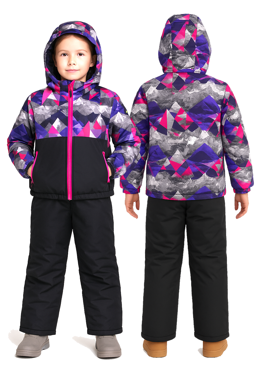 Moderner Kinder Schneeanzug als Winter Skianzug Set, zweiteilig mit Skijacke und Skihose, blaues Camouflage, gefüttert, schneedicht, Gr. 128–152.